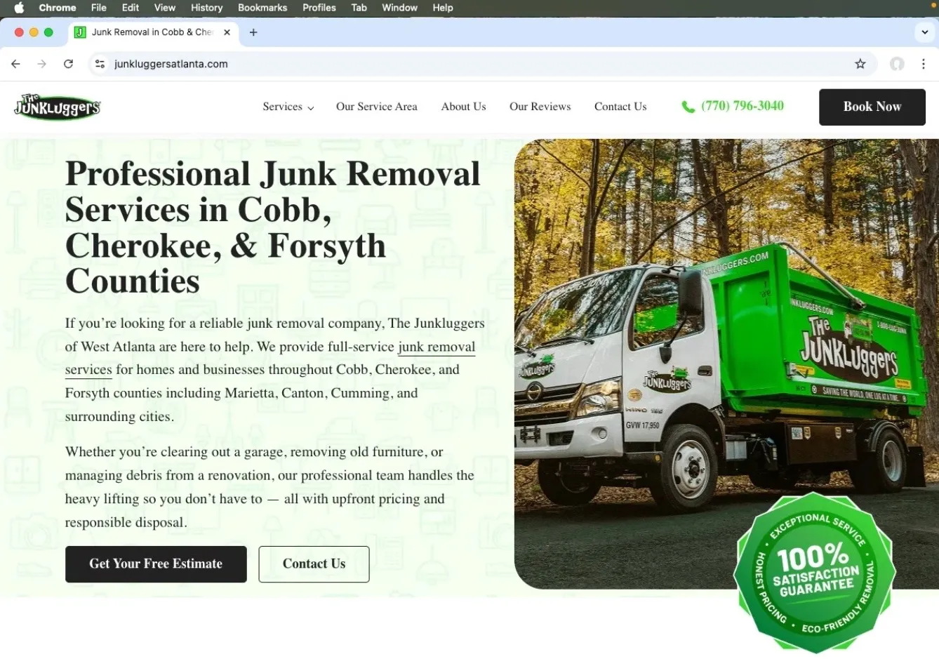 JunkLuggers West Atlanta website desktop view showing junk removal services