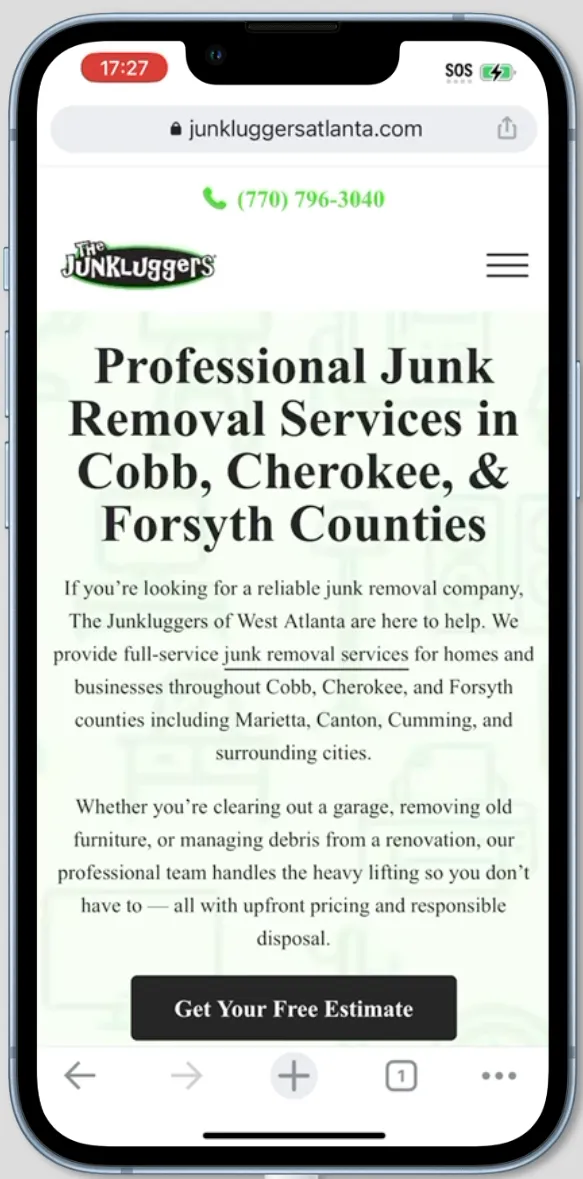 JunkLuggers West Atlanta website on iPhone showing mobile responsive design