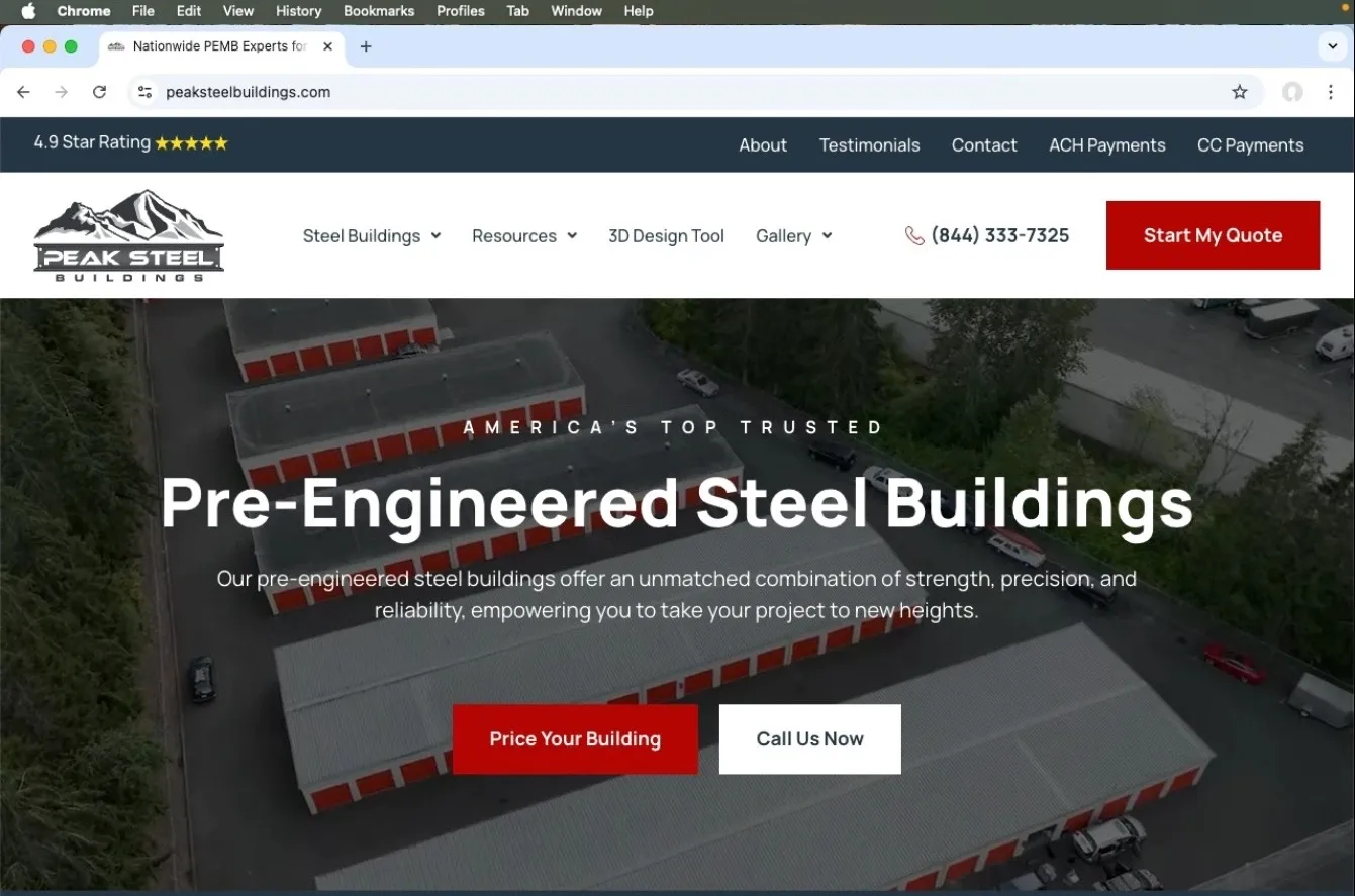 Peak Steel Buildings website desktop view showing hero section with Pre-Engineered Steel Buildings headline