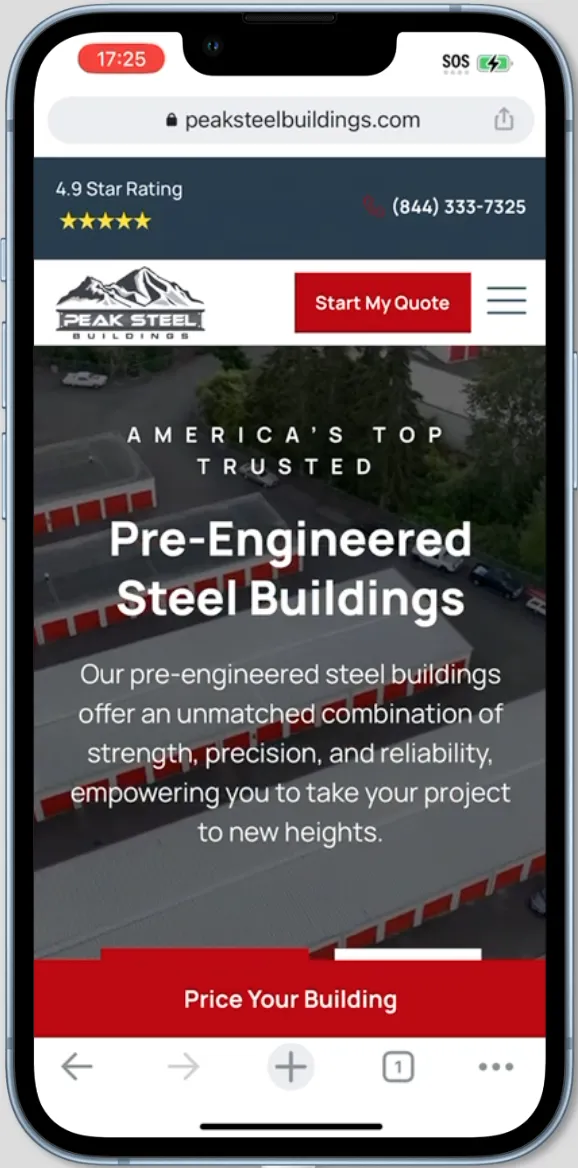 Peak Steel Buildings website on iPhone showing mobile responsive design