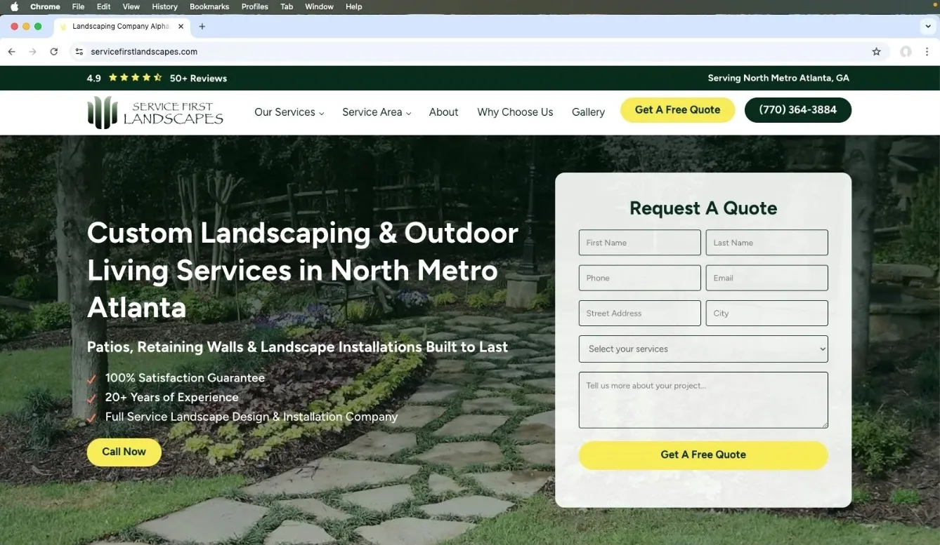 Service First Landscapes website desktop view showing landscaping services in North Metro Atlanta