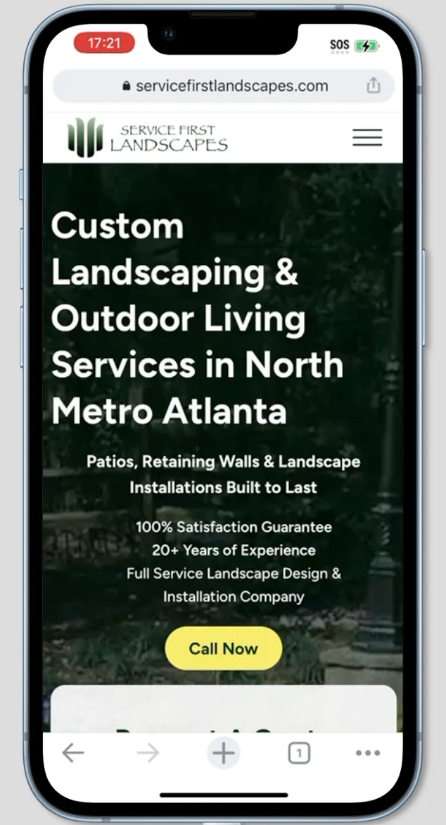 Service First Landscapes website on iPhone showing mobile responsive design